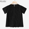 ZANZEA Women Casual Round Neck Summer Short Sleeve Patchwork Crochet Blouse
