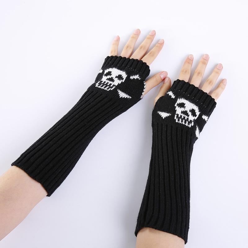 Winter Warme Fäustlinge Strick Fingerlose Armstulpen Warme Fahr-Armstulpen Totenkopf Dehnbar Weiche Handschuhe Halloween Kostüm