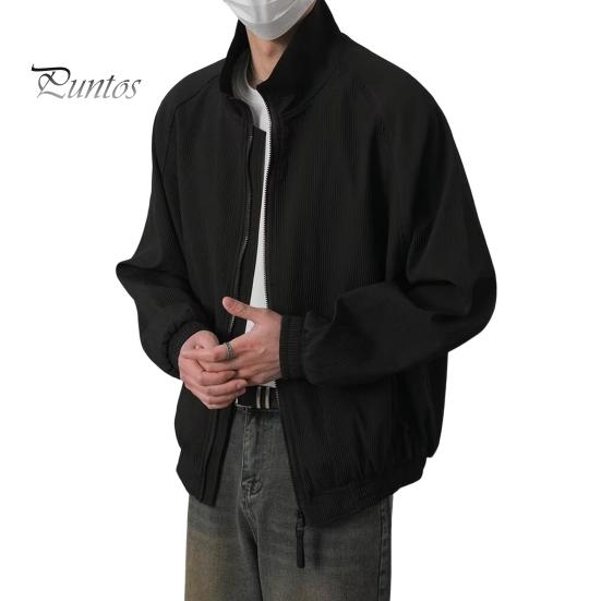 

Осенняя мужская куртка с лацканами, длинным рукавом, эластичным подолом, застежкой-молнией, однотонное пальто в стиле ретро, повседневная верхняя одежда L чёрный