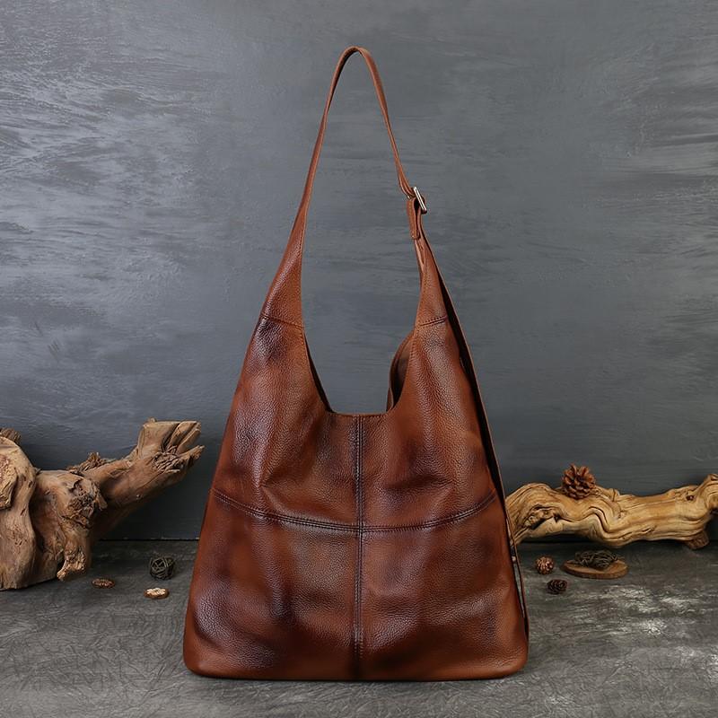Johnature Large Capacity Genuine Leather Tote Bag Vintage Soft Cowhide Personalized Wide Shoulder Strap Shoulder Bag