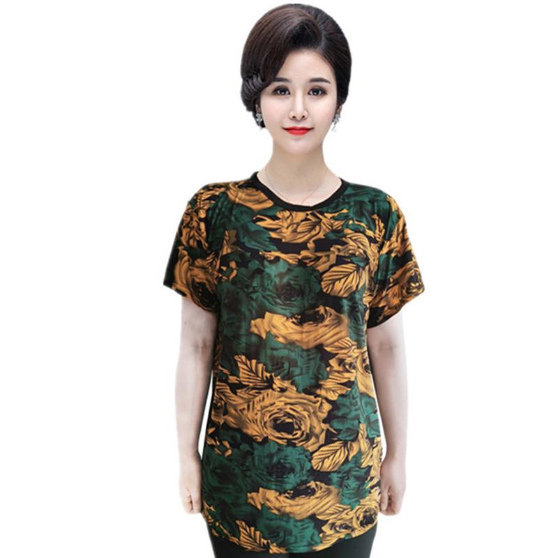 Summer Short-sleeved Ice Silk T-shirt Women's Round Neck Large Size Loose Elastic Multicolor Tops Female Casual Print Blouse
