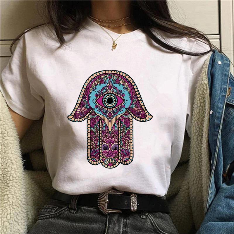 Hamasa Hand der Fatima Print Damen T-Shirts Lucky Hamsa Hand Harajuku Unisex T-Shirts Sommer Kurzarm Schwarzes Top Tees Weiblich