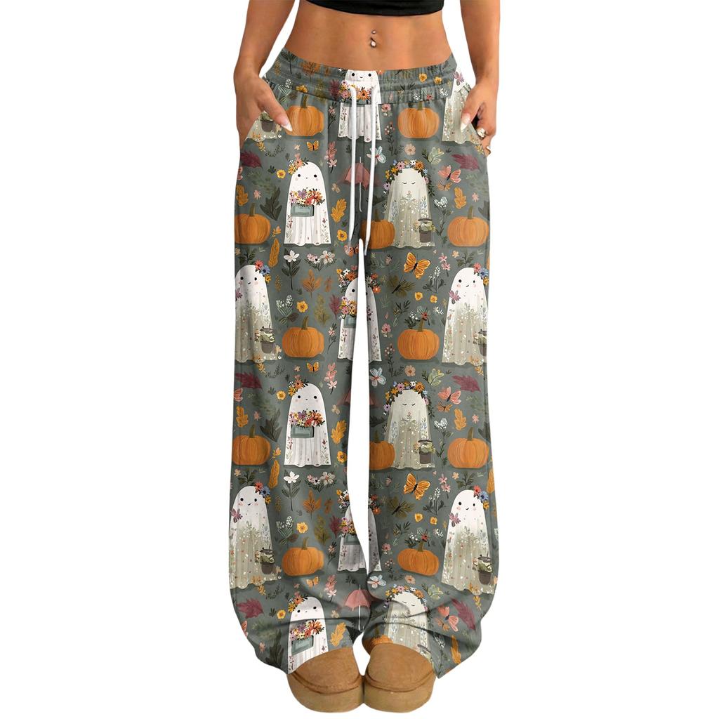 Women's Casual Halloween Print Wide Leg Pants with Elastic Waist and Drawstring for Loose Fit