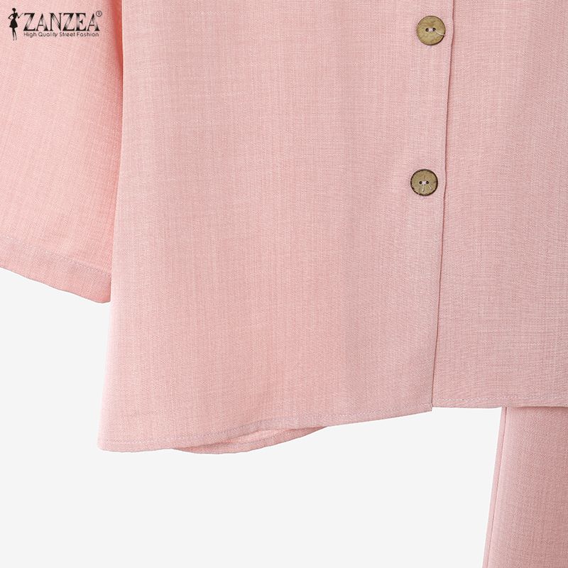 ZANZEA Women Casual Two Piece Set 3/4 Sleeve Button Up Shirt and Wide Leg Long Pants Loose Matching Outfits