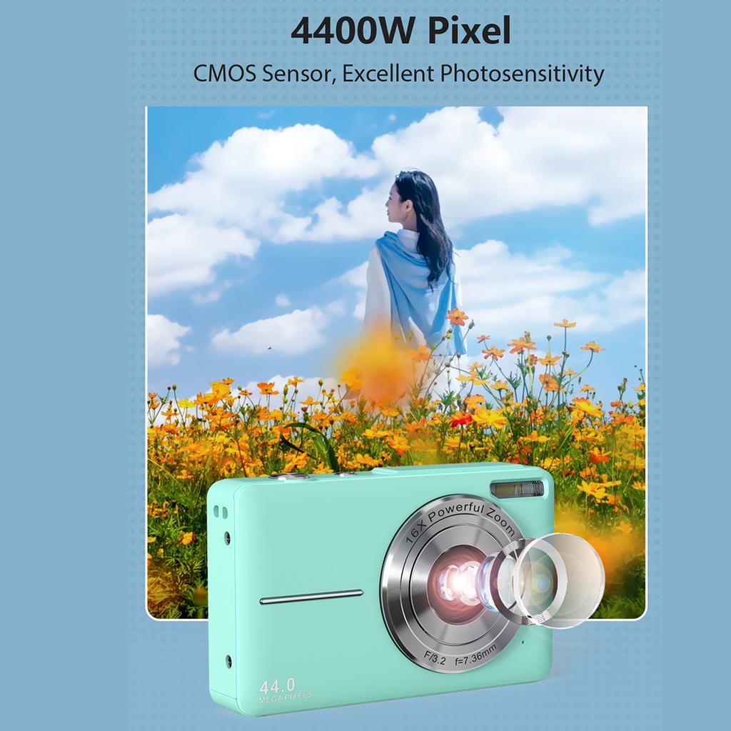 FHD 1080P 44MP Digitalkamera für Fotografie von Kindern mit 16-fachem Zoom Kompaktkameras Point-and-Shoot-Reisekameras für Kinder