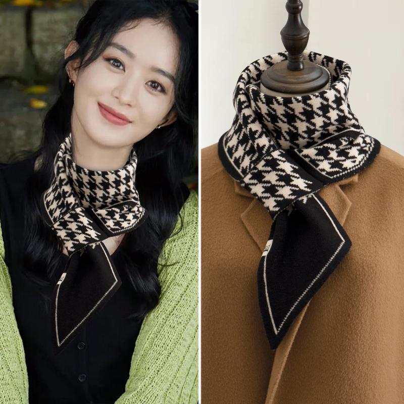 Cachecol de malha estilo coreano feminino primavera outono cruz curto xadrez tiras cachecóis inverno pescoço capa cachecol pescoço cachecol gola all-match
