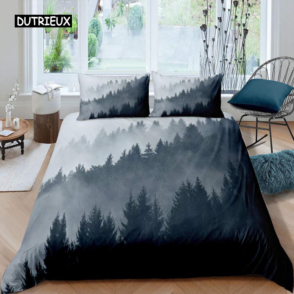 Smoky Mountain Duvet Cover Set Pine Trees Comforter Cover Boys Landscape Quilt Cover Natural Scenery Art Polyester Bedding Set