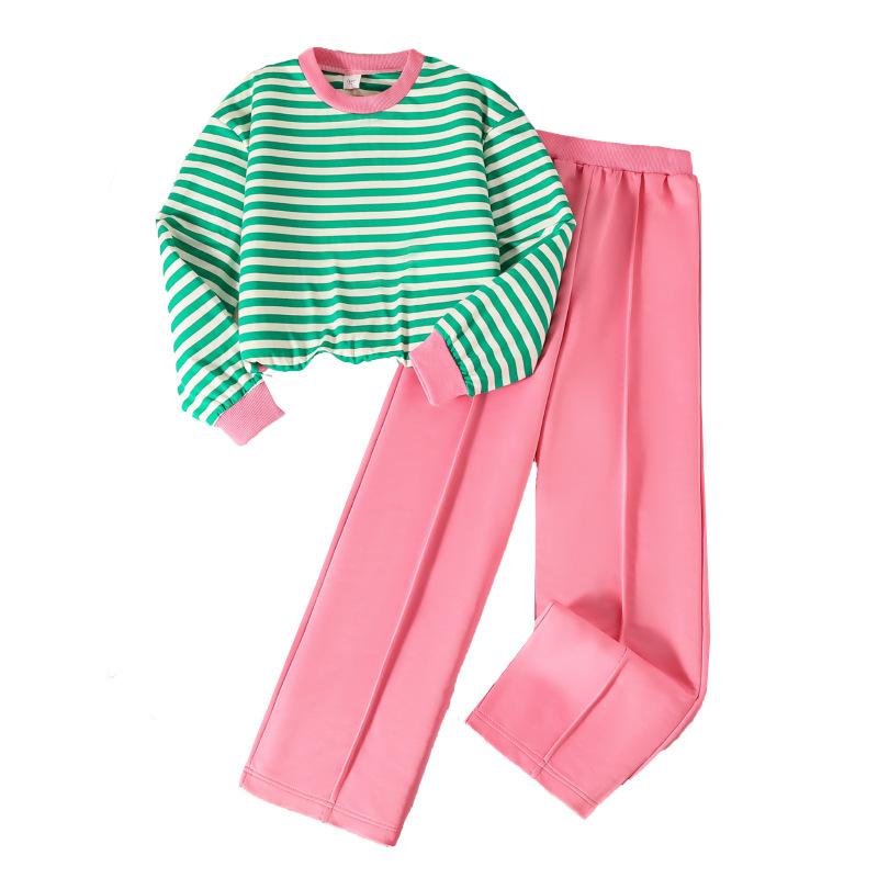 Tenue pour Grandes Filles Vêtements pour Enfants Automne Nouvelle Mode Sweat à Manches Longues Rayé Pantalon Long Décontracté Deux Pièces
