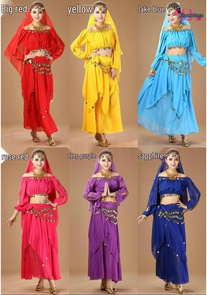 Traditional Ethnic Belly Dance Costume with Coin Skirt and Long Sleeves
