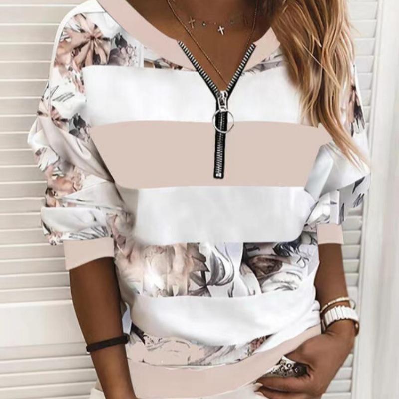 2021 Spring & Autumn Women's Striped Zipper T-shirt - Digital Print Casual Top