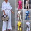 Casual Cotton Linen Summer Set Women's Lapel Button Up Shirt + Long Pants Suit Elegant Solid Color Irregular Patchwork Outfits