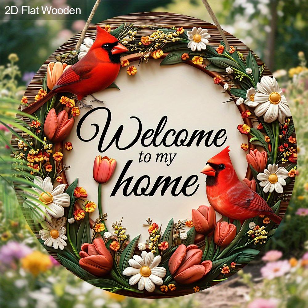 2D Flat Classic Cardinal Wooden Christmas Sign, Charming Decorative Plaque with Wreath Pattern, Ideal for Front Door, Home, Office Decor