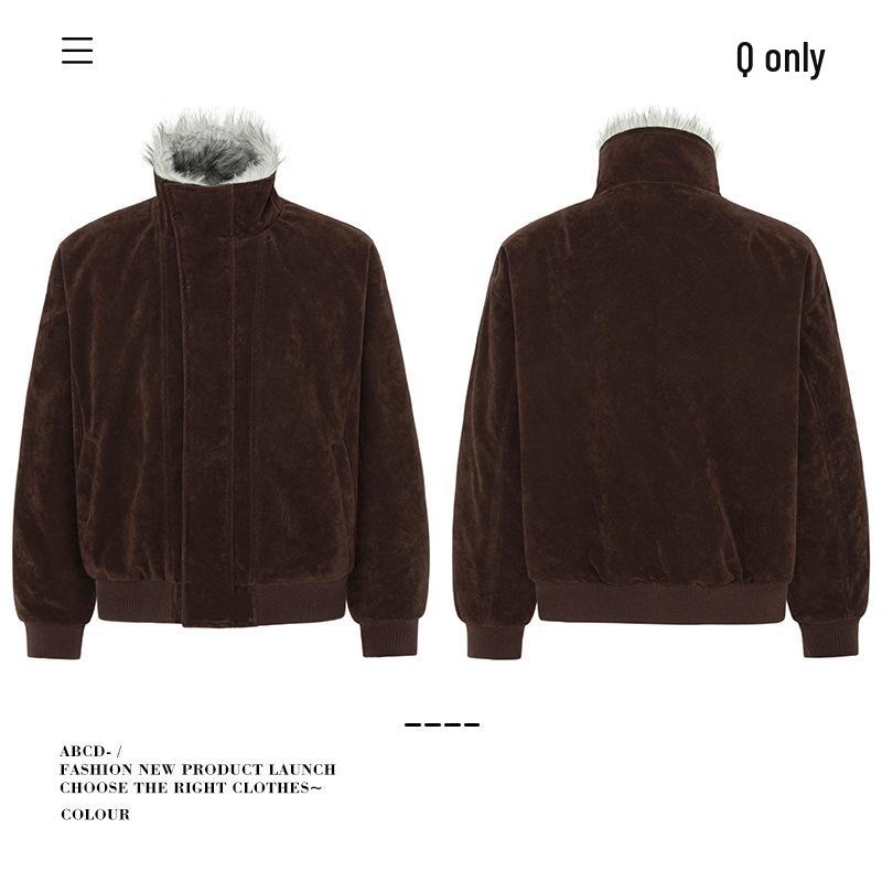 Unisex Winter Hunting Jacket: Wolf & Eagle Design, Thick Velvet & Cotton, Asymmetrical Lapel, Suede Accent, Stand Collar.