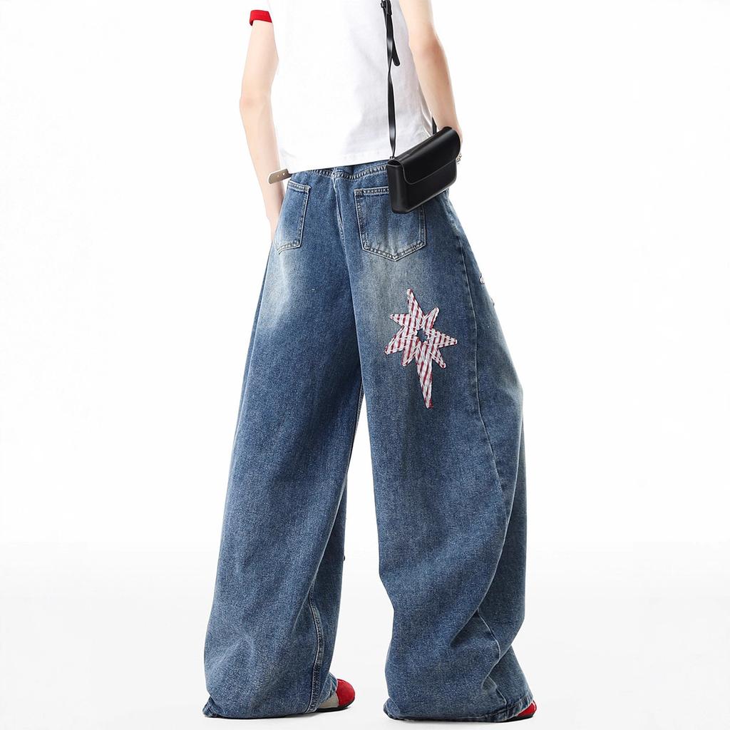 American star patch cat whisker jeans men's and women's summer cleanfit loose lazy casual floor mopping trousers