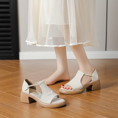 Soft Leather Edition~ French Retro Platform Heel Soft Leather Sandals Women's Summer Simple Velcro Commuter Open-toed Roman Shoes
