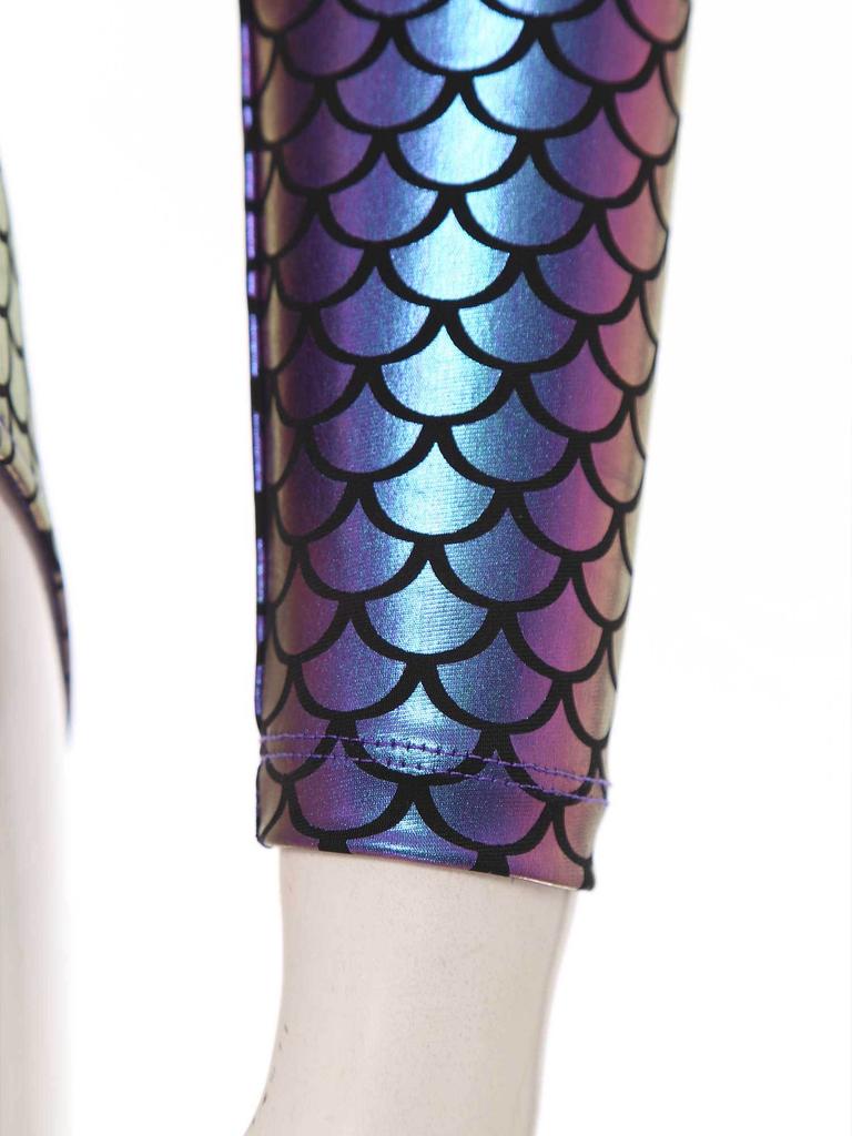 Damen Meerjungfrauenschuppen Einteiliger Badeanzug Langarm Mock Neck Leotard für Poolparty Strandoutfit