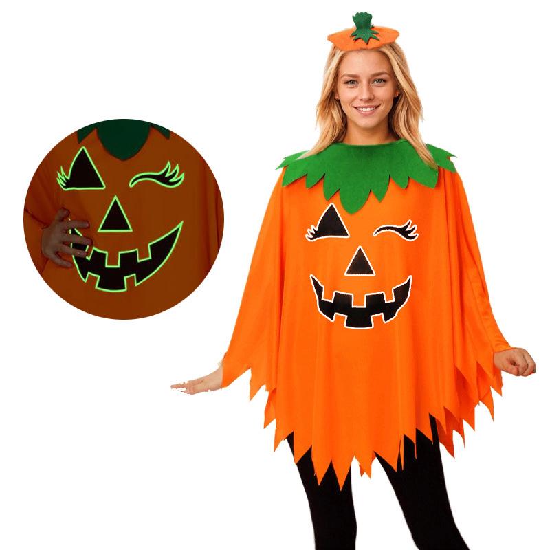 Adult & Kids Glow-in-the-Dark Pumpkin Costume Set (Hat & Cape) for School or Halloween Party