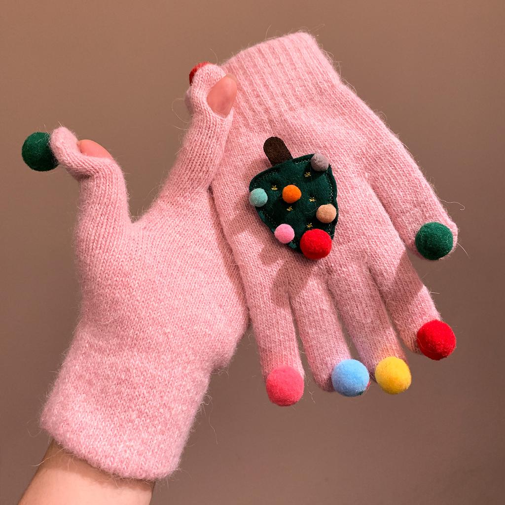 Cute Creative Red Christmas Tree Knitted Gloves for Women Winter Five Finger Warm Plush Windproof and Cold Proof Cycling Christmas