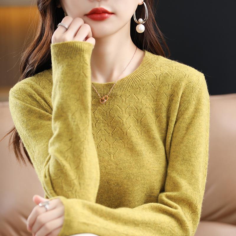 Women's Pure Wool Hollow Knit Round Neck Sweater - Stylish Autumn & Winter Pullover