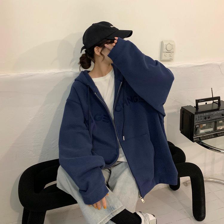 Women's 65% Cotton Embroidered Hooded Sweatshirt - Korean Style Loose Zip-up Jacket (2025 Student Collection)