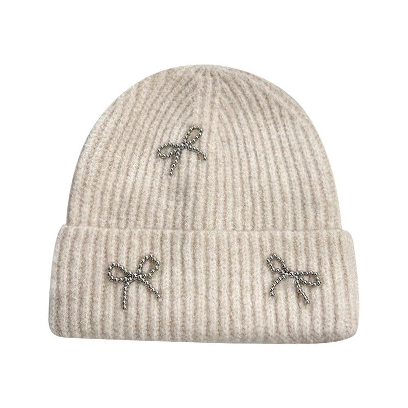 Autumn and winter new Xiaoxiangfeng steel ball bow wool hat versatile women's big head circumference ear protector knitted cold hat