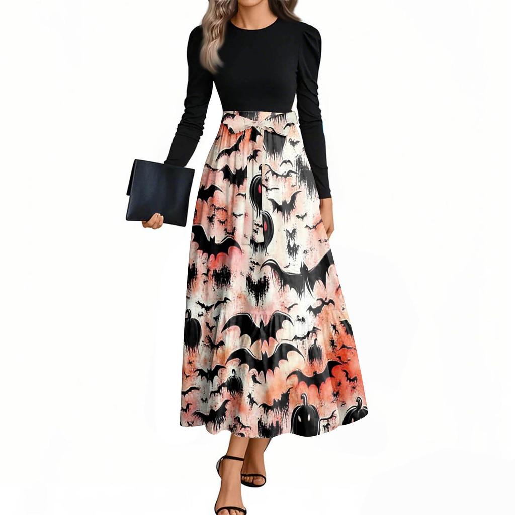 Women's Fashion Casual Belted Long Sleeve Round Neck Halloween Printed Elegant Temperament Dresses
