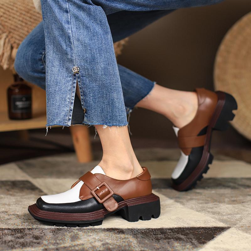 Fashion Mixed Colors Women Shoes 2025 New Genuine Leather Shoes Woman Heels Working Thick Botton Square Toe Women Shoes Shoes for Women