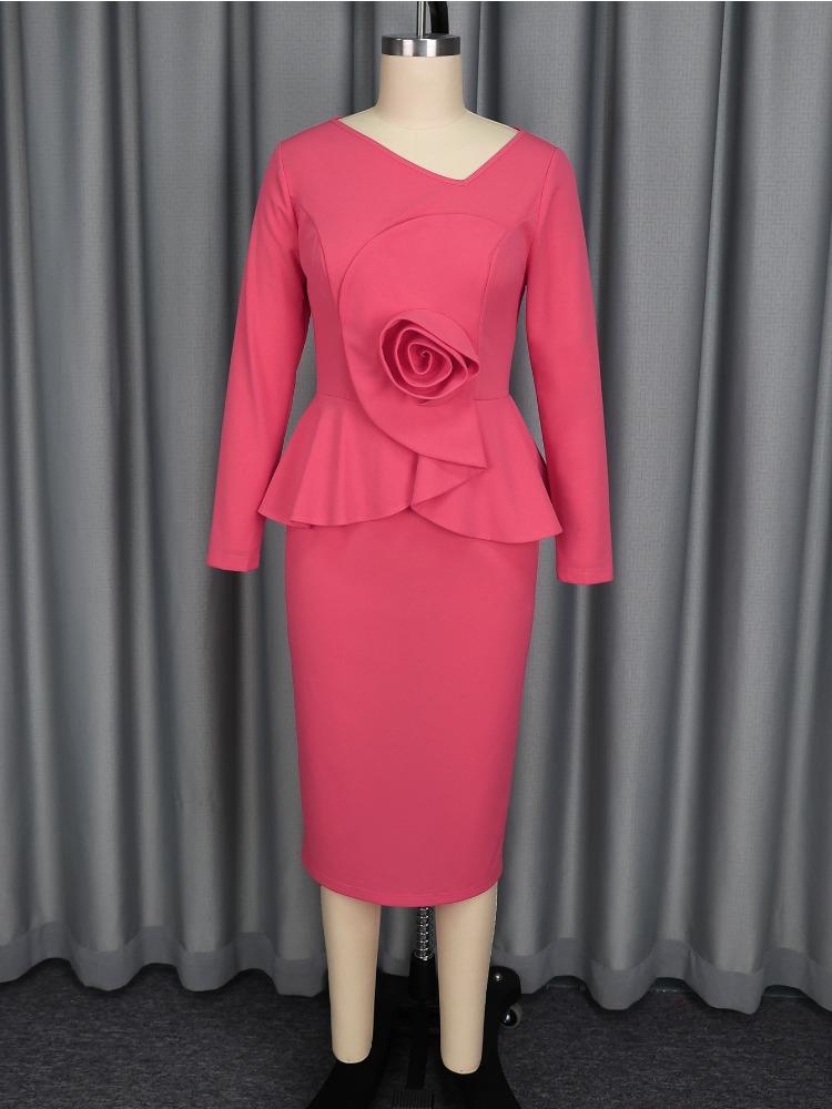 Rochii Elegante de Biserică pentru Femei Mânecă Lungă Guler Asimetric Peplum Floare 3D Midi Petrecere Birou Doamne Afaceri Muncă Petrecere Zi de Naștere Toamnă