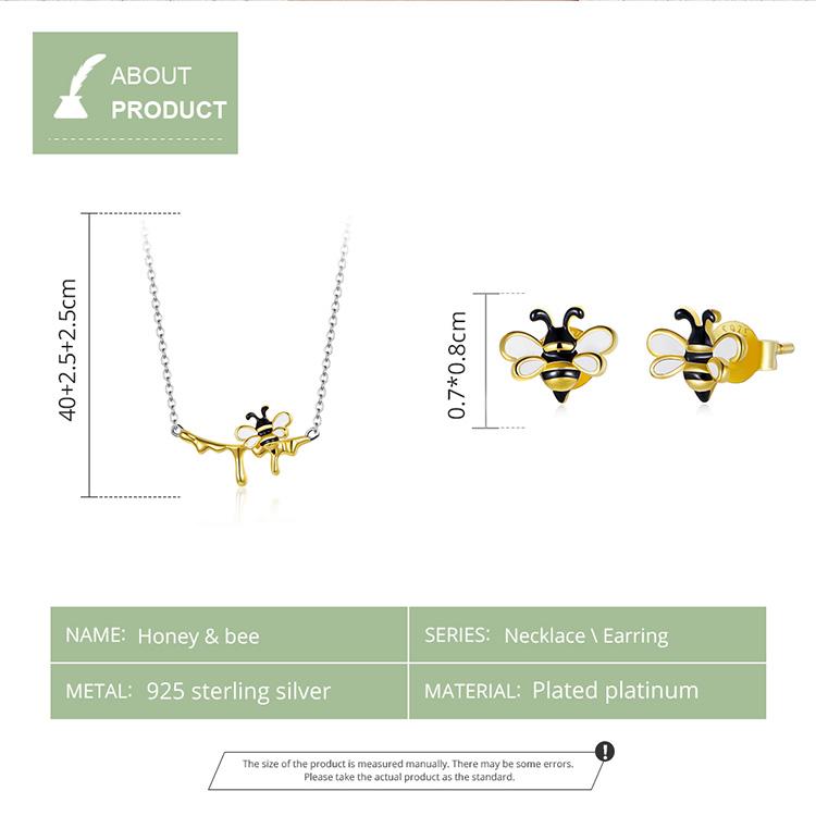 Bamoer 925 Sterling Silver Enamel Bumblebee and Sweet Honey Shiny Necklace and Earring Studs for Women Fashion Jewelry Set