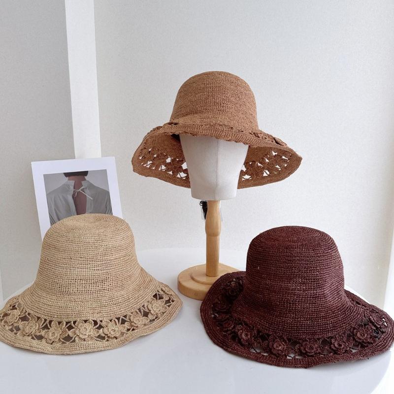 Summer Raffia Straw Sun Hat for Women Wide Brim Floral Crochet Beach Hat 100% Natural Staw Bucket Hats
