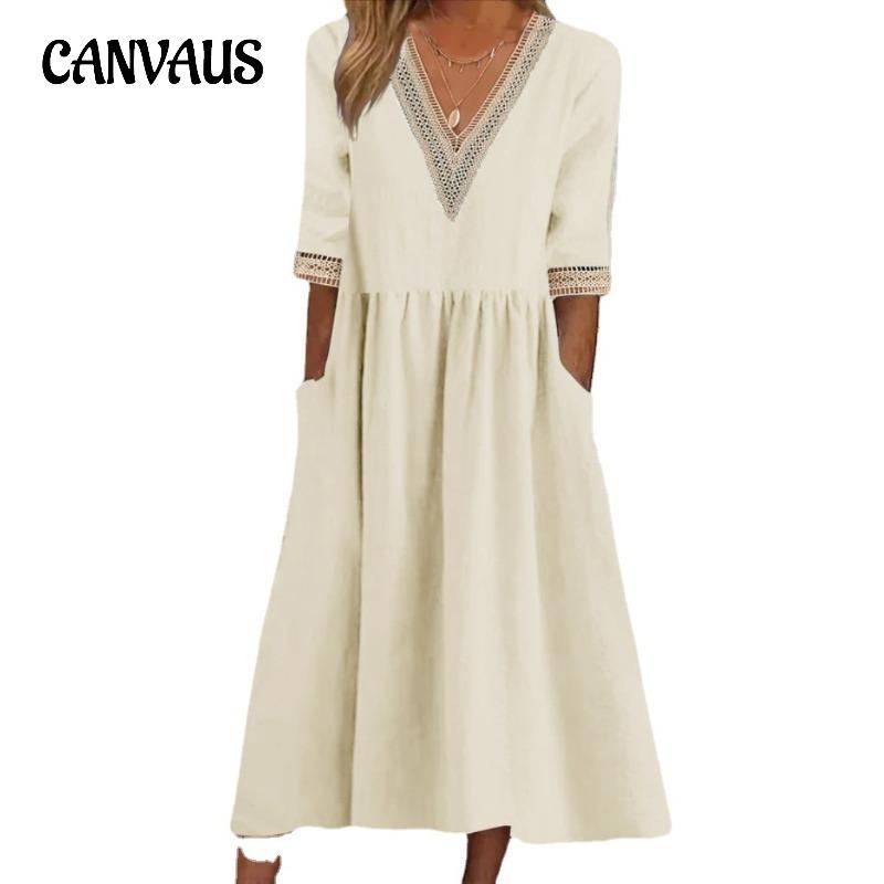 

Женское платье больших размеров, свободные хлопковые льняные платья миди с кружевным вырезом и воротником