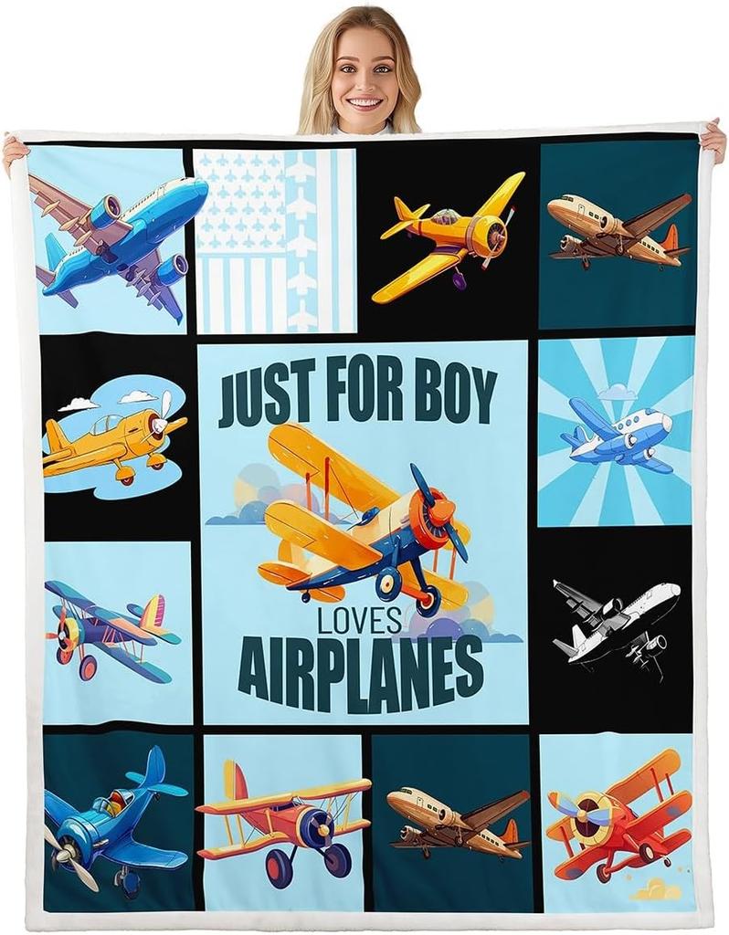 Colorful Airplane Blanket Soft Fleece Throw Kids Room Decor Aviation Theme Baby Gift Home Decoration
