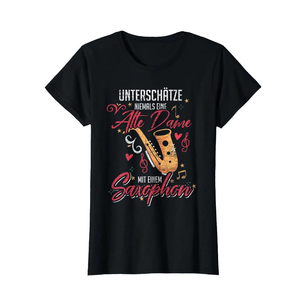 Unisexs Underestimates Never An Old Lady With A Saxophone T Shirt Vintage Stretched Casual Top For Everyday Wear Graphic