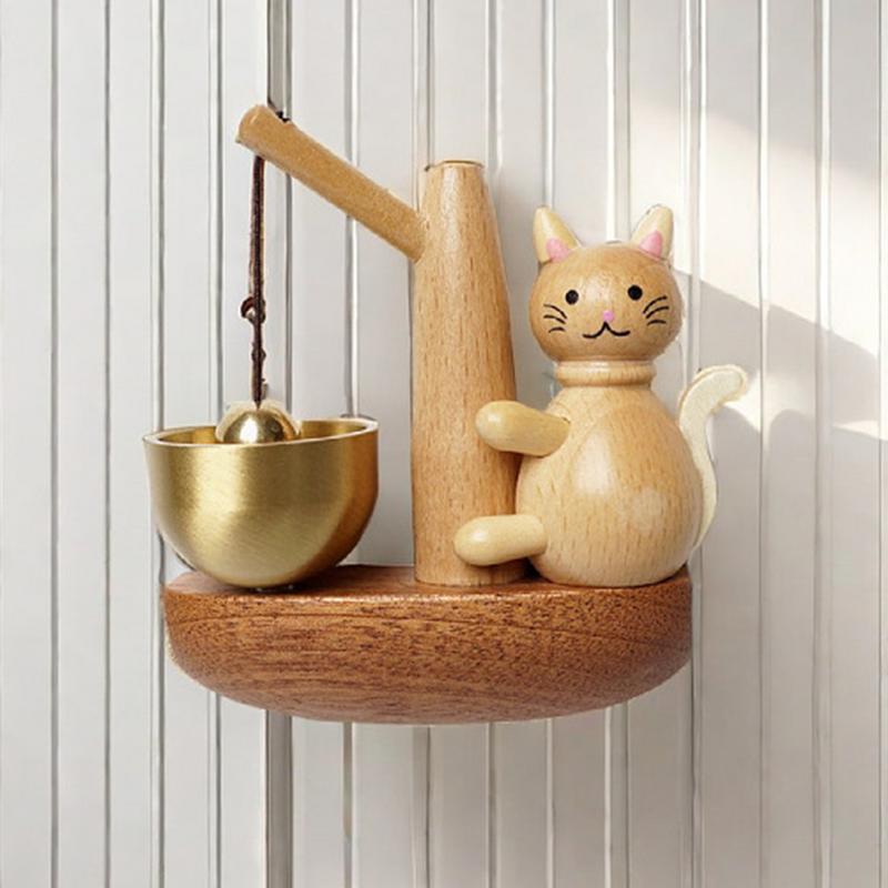 Bell For Door Opening Magnetic Fishing Cat Door Chime Playful Fishing Cat Wind Chime Magnetically-Attached Wood Doorbell Home