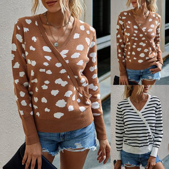 

Women Autumn Long Sleeve Knitted Blouse Stripe Wrap Front Sweater Leopard Jumper