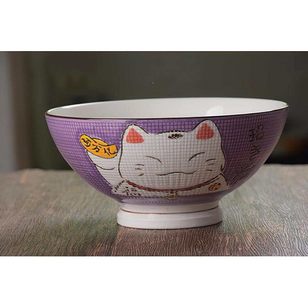 Ceramic High Bowl Multi-Sized Colorful Lucky Cat Soup Bowl Salad Bowl Underglaze Kitchen Household Tableware Children's Couple