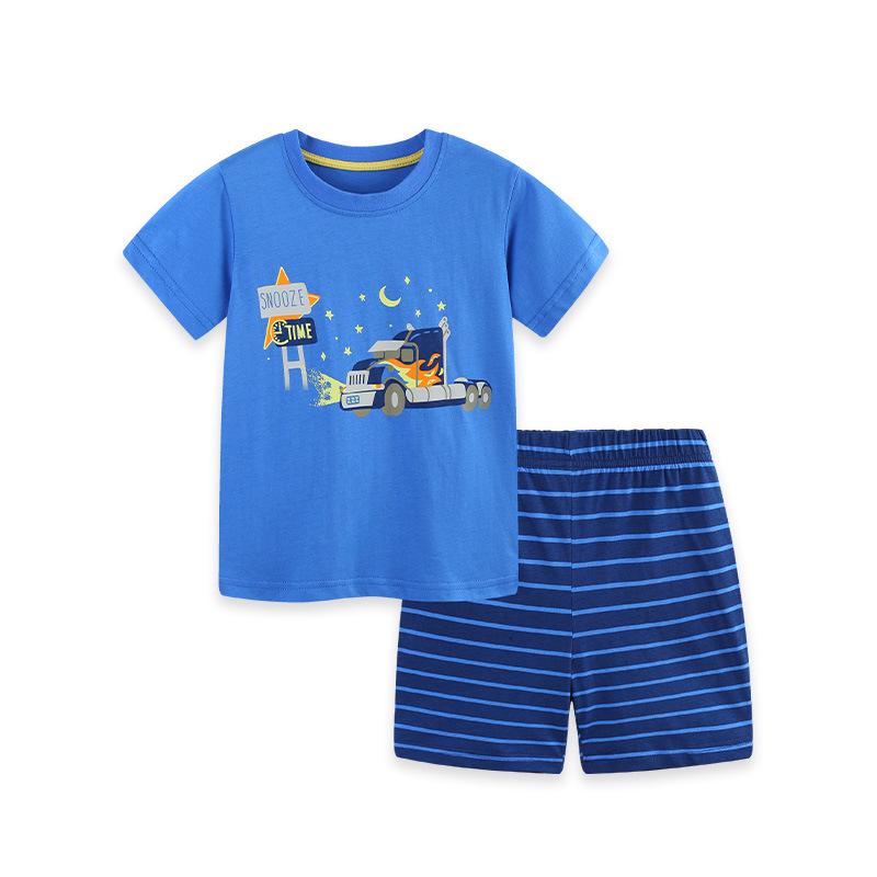 European Boys' Summer Two-Piece Set: Car Cartoon Knit Cotton