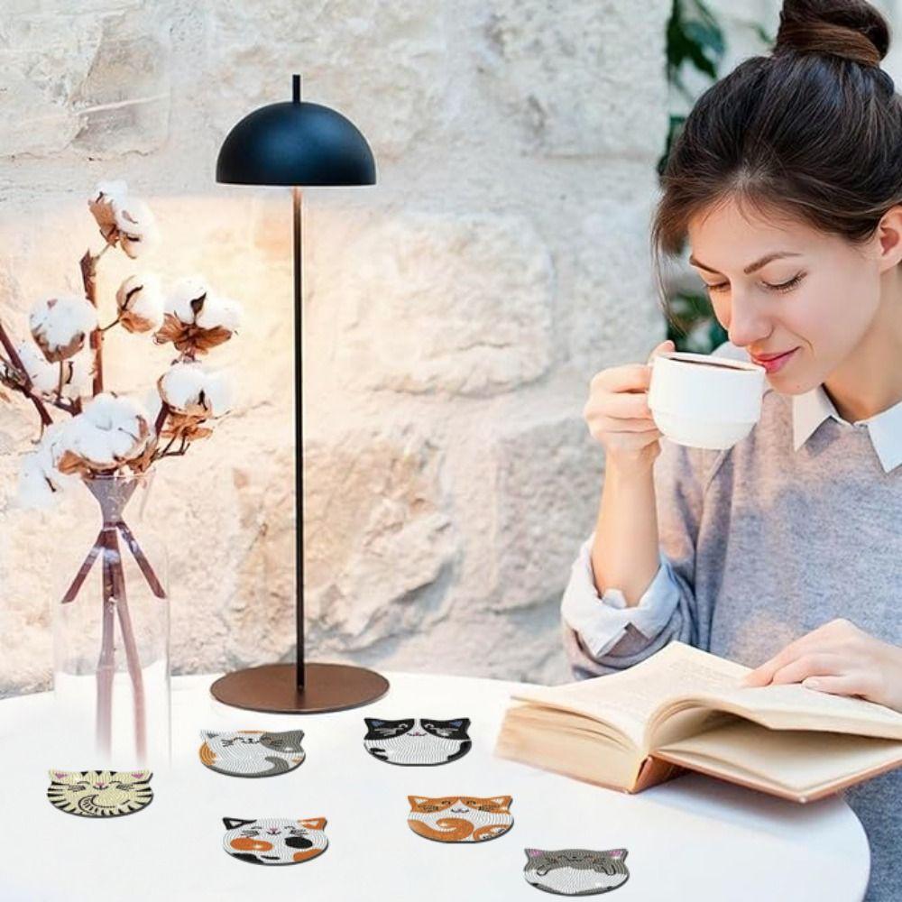 Cat Pattern Rhinestone Coaster Including Stand 6 Pieces Set Handmade Placemats Non-slip Crystal Artificial Diamond
