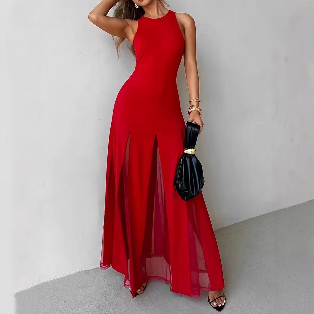 Women s Elegant Temperament Beach Summer Sleeveless Dress Slit Hem Long Dress Gift Dress S красный