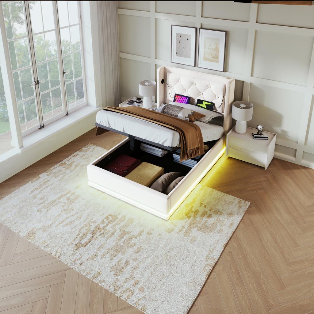 Upholstered Single Bed 90*200 cm, Beige Cotton Hydraulic Storage, Headboard with USB Type-C Charging, 3-Sided LED Function (Without Mattress)