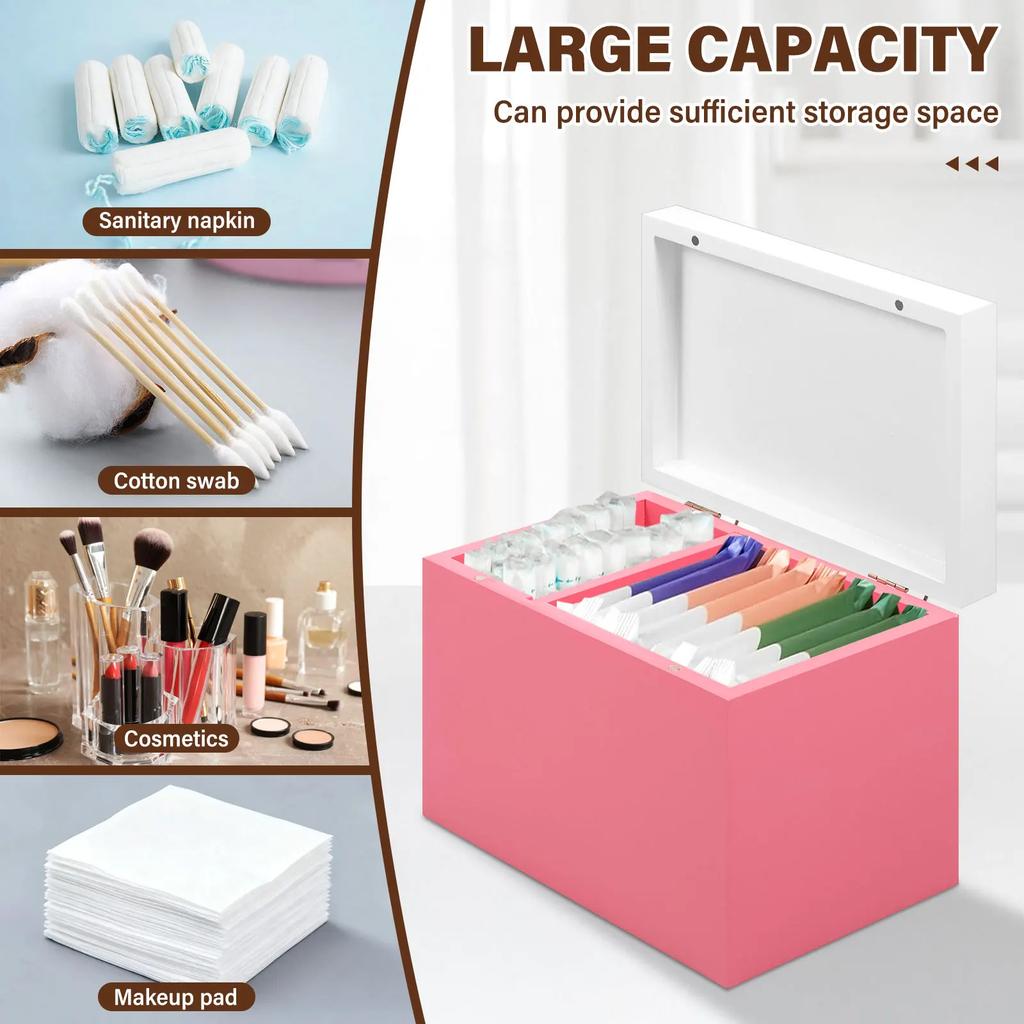 Wooden Pad and Tampon Holder 2-Compartment Countertop Storage Box with Hinged Lid Multi-role Bathroom Feminine Product Organizer