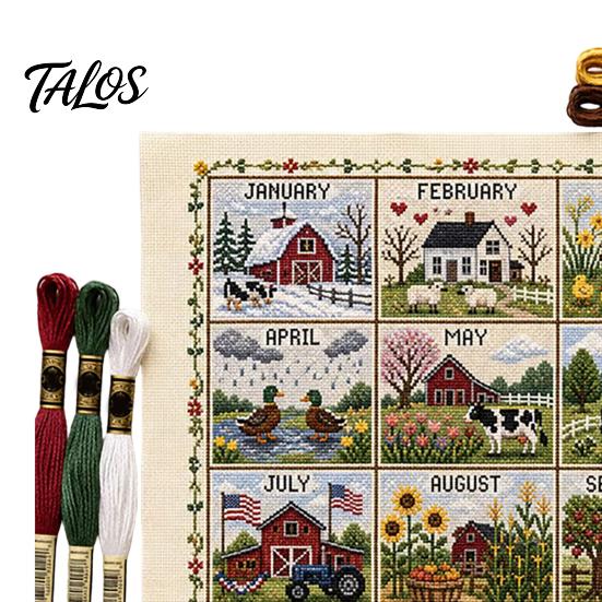 Twelve Month Decorative Wall Art 12-Month Cross Stitch Kit, DIY Four Seasons Embroidery Seasonal Monthly Kit Stamped Stitching Craft Set for