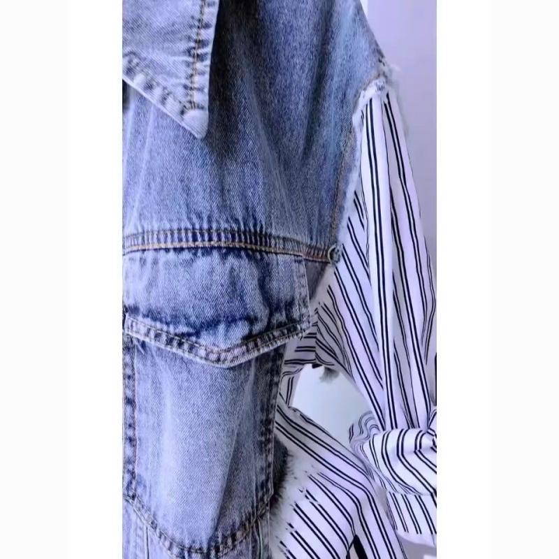 Frühlings- und Sommer-Modische Gestreifte Jeansjacke, Jeansweste Patchwork-Hemd, Damen Fake Zweiteiler Gestreiftes Langarm-Jackenoberteil