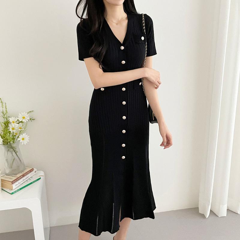 Knitted Black Bodycon Korea Style Ruffle Ladies Short Sleeves Midi Dresses Elegant Casual V-neck Mermaid Dress for Women Summer 2026