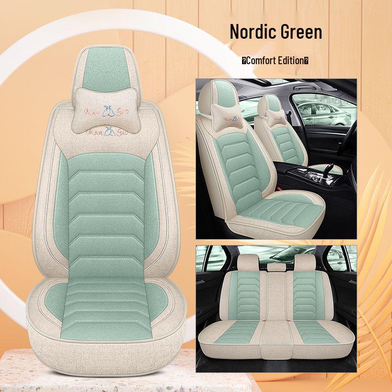 Four Seasons Universal Cotton Linen Car Seat Cushion - Full Coverage Linen Fiber Cover