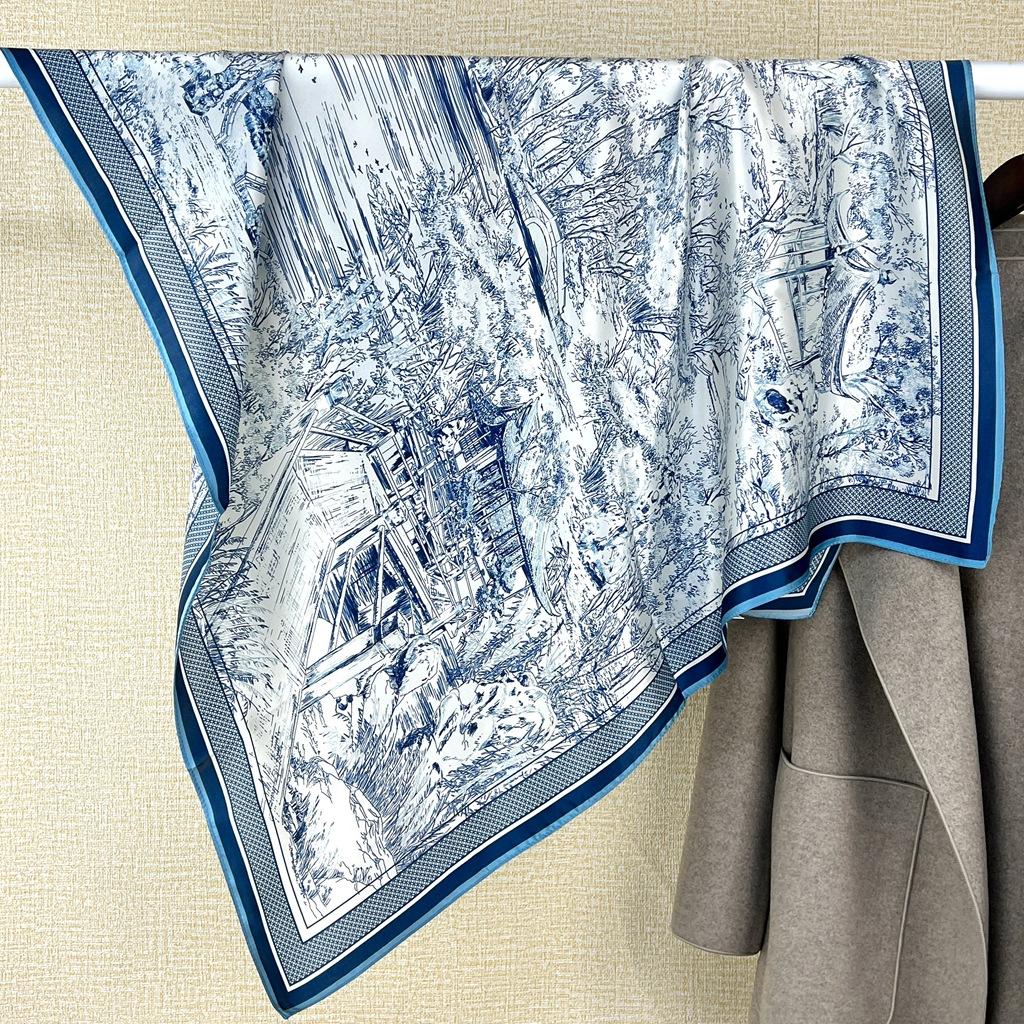 Shiyun Jiangnan Ink Painting Wind Garden 100% Mulberry Silk Retro Versatile Color Matching 90 Square Scarf Neck Protection Small Scarf,