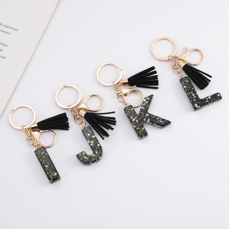 Black Resin Keychain with English Letter Pendant and Tassel
