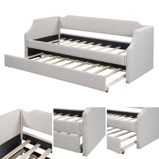 90x200cm Folding Bed Cotton Linen Fabric Day Bed with Pull-out Bed Headboard Strong Wood Slat Support Bed Home Furniture,