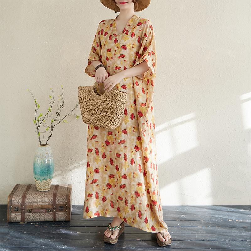 Dimanaf 2025 Women Plus Size Summer Long Dress Floral Casual Vintage Dress Basic V-Neck Loose Dress Maxi