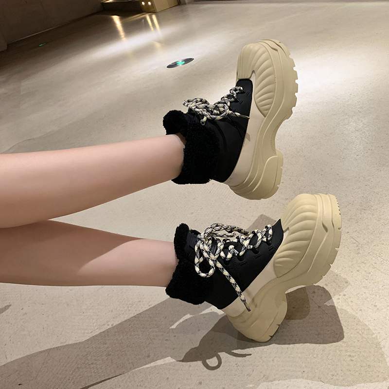 Krazing Pot Cow Leather Wool Blend Winter Round Toe Platform Snow Boots Lace Up Design Women Keep Warm Ankle Boots